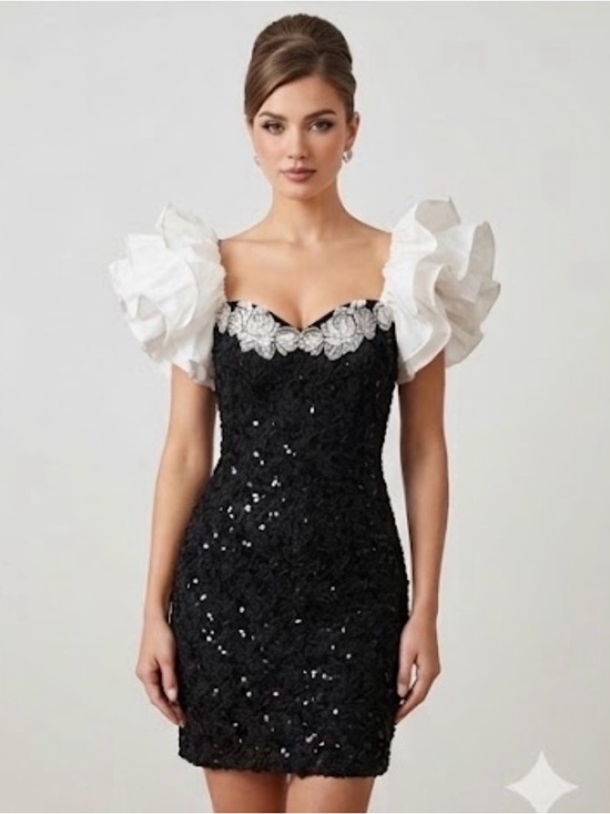 Dave & Johnny Dresses & Skirts - Vintage 80s Dave & Sequin & Satin Dress w/ Pearls & Lace 7/8